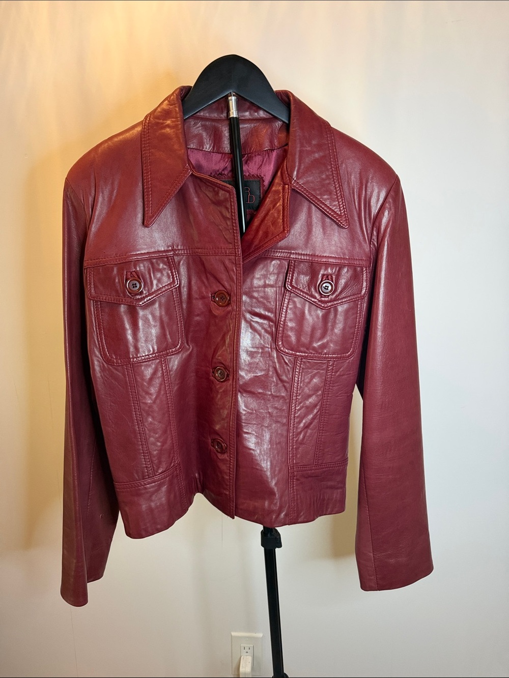 Women's Burgundy Leather Button-Front Jacket